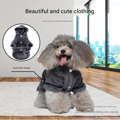 Grey Cozy Pet Bathrobe Sleepwear – Plush Fleece Dog Robe with Hood and Adjustable Waistband for Small to Medium Breeds(Size:XL)
