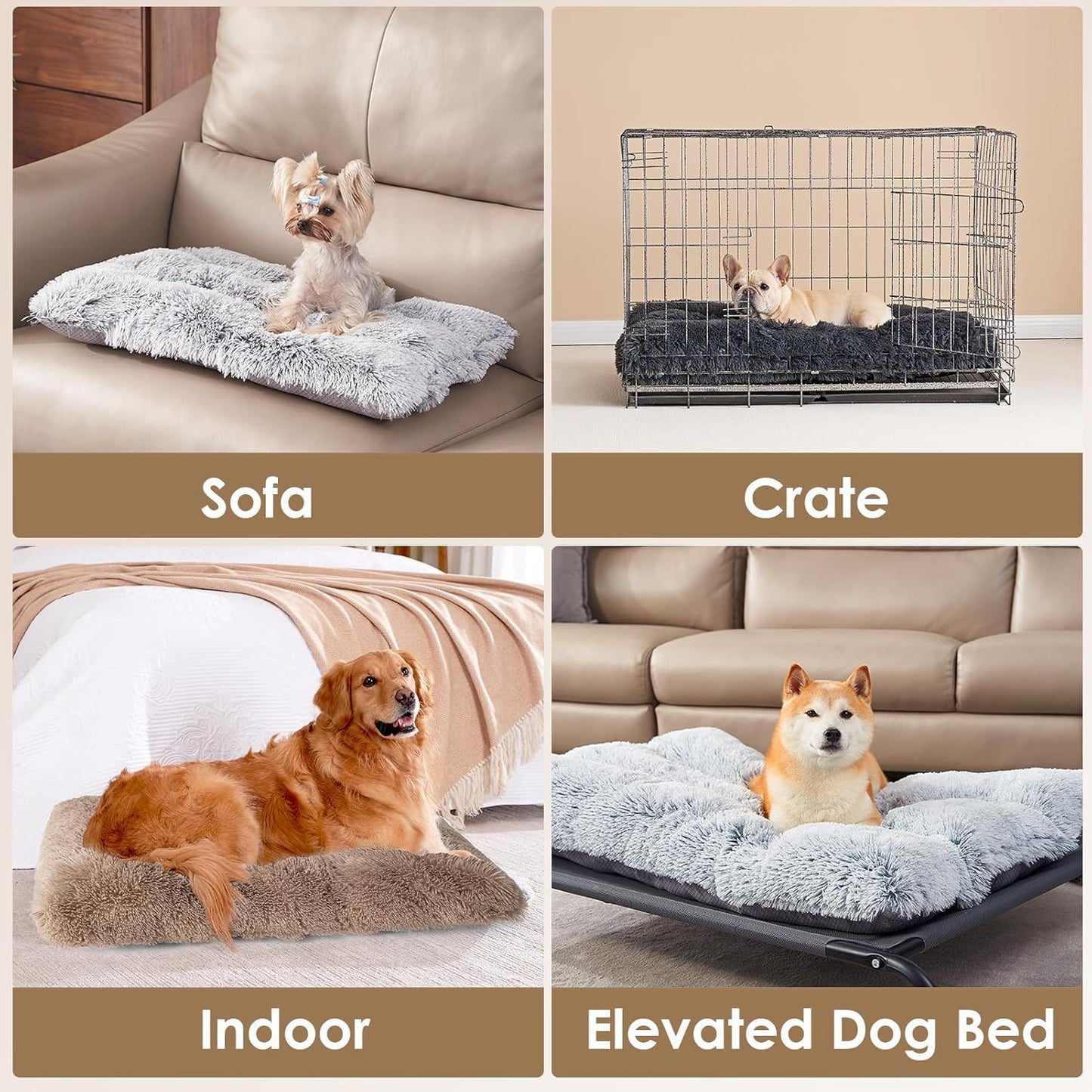 Luxury Long Plush Pet Bed Mat Faux Fur Crate Pad 65x50cm Brown Soft Warm Cushion for Medium Dogs