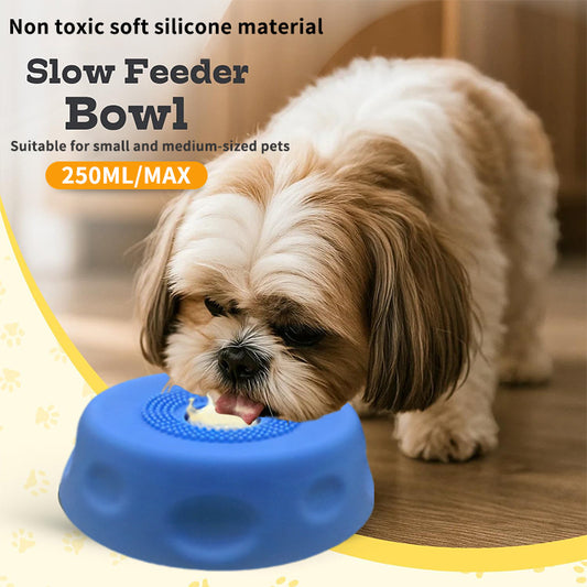 Grey Silicone Dog Liquid Lick Bowl with Floating Fun Ball - Interactive Slow Feeder & Anti-Slip