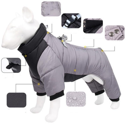 M Size Grey Winter Waterproof Dog 4 Leg Jumpsuit for Full Body Warmth - Reflective Windproof Pet Puffer Coat with Integrated Harness