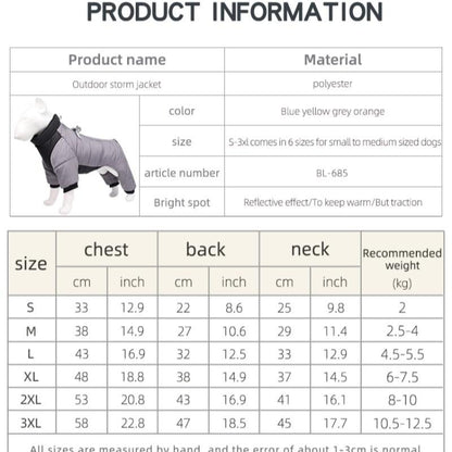 M Size Grey Winter Waterproof Dog 4 Leg Jumpsuit for Full Body Warmth - Reflective Windproof Pet Puffer Coat with Integrated Harness