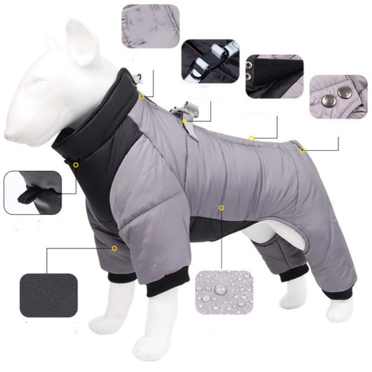 XL Size Grey Winter Waterproof Dog 4 Leg Jumpsuit for Full Body Warmth