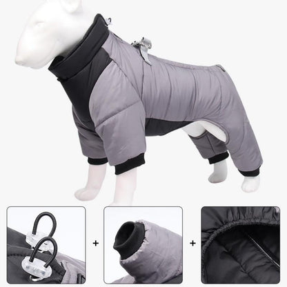 3XL Size Grey Winter Waterproof Dog 4 Leg Jumpsuit for Full Body Warmth - Reflective Windproof Pet Puffer Coat with Integrated Harness