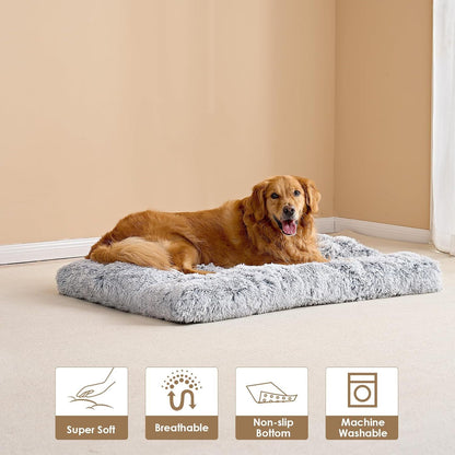 65 x 50 CM Winter Long Plush Dog Bed for Large Dogs - 10CM Thickened Fluffy Faux Fur Pad - Calming Anti Anxiety Pet Cushion with Non-Slip Bottom, Removable & Washable Heavy Duty Bedding, Grey