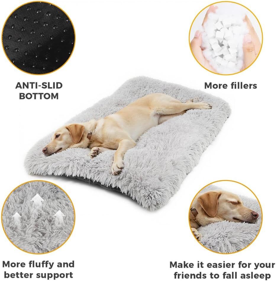 80 x 55 CM Winter Long Plush Dog Bed for Large Dogs - 10CM Thickened Fluffy Faux Fur Pad - Calming Anti Anxiety Pet Cushion with Non-Slip Bottom, Removable & Washable Heavy Duty Bedding, Grey L Size