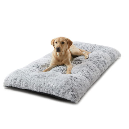 110 x 75 CM Winter Long Plush Dog Bed for Large Dogs - 10CM Thickened Fluffy Faux Fur Pad - Calming Anti Anxiety Pet Cushion with Non-Slip Bottom, Removable & Washable Heavy Duty Bedding, Grey 2XL Size