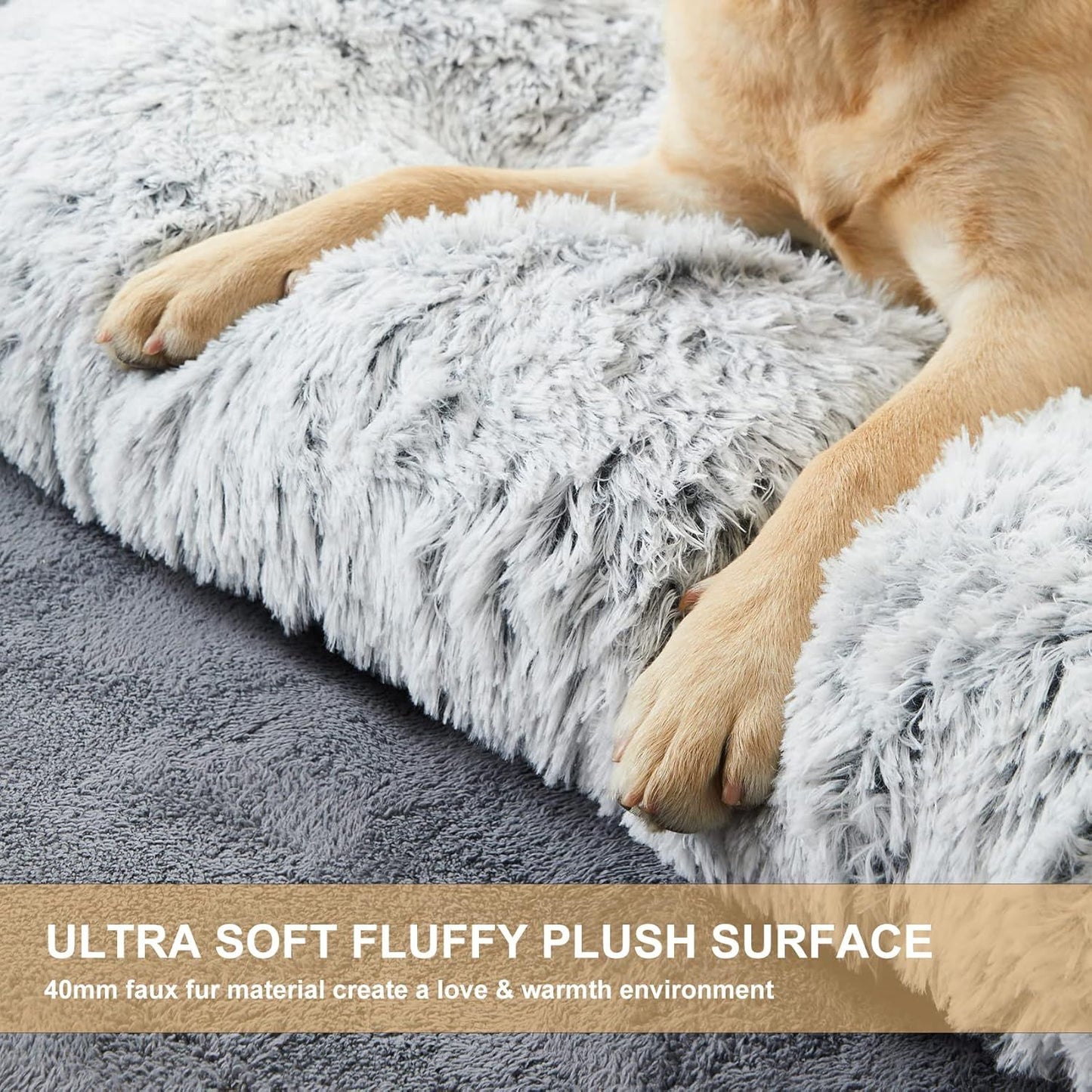 110 x 75 CM Winter Long Plush Dog Bed for Large Dogs - 10CM Thickened Fluffy Faux Fur Pad - Calming Anti Anxiety Pet Cushion with Non-Slip Bottom, Removable & Washable Heavy Duty Bedding, Grey 2XL Size