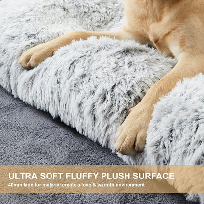 110 x 75 CM Winter Long Plush Dog Bed for Large Dogs - 10CM Thickened Fluffy Faux Fur Pad - Calming Anti Anxiety Pet Cushion with Non-Slip Bottom, Removable & Washable Heavy Duty Bedding, Grey 2XL Size