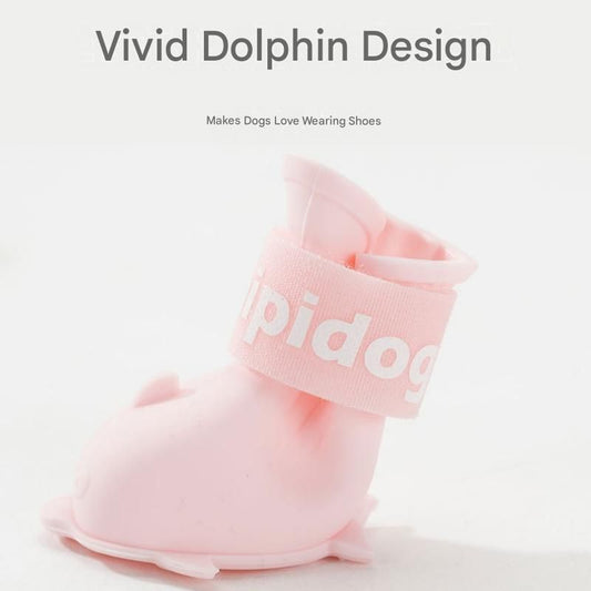 Pink M size Waterproof Dog Rain Boots Set of 4 - Cartoon Dolphin Design Shape PVC Pet Shoes with Adjustable Hook and Loop Straps, Anti Slip Paw Protectors for Small Dogs and Puppy Outdoor Walks