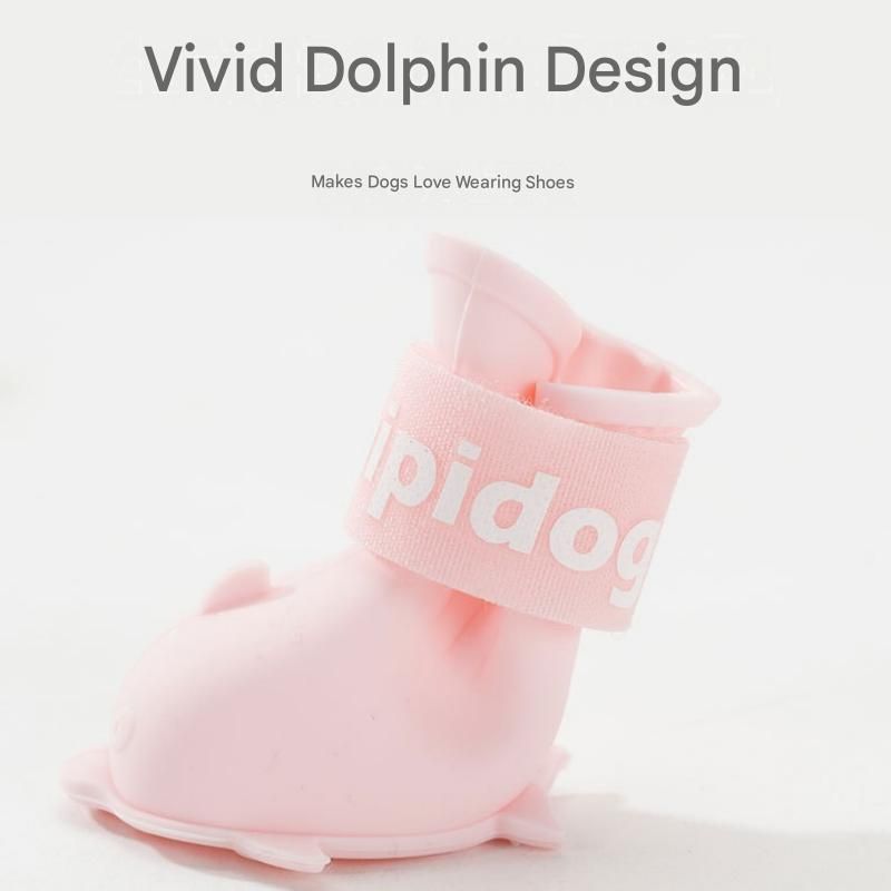 Pink L size Waterproof Dog Rain Boots Set of 4 - Cartoon Dolphin Design Shape PVC Pet Shoes with Adjustable Hook and Loop Straps, Anti Slip Paw Protectors for Small Dogs and Puppy Outdoor Walks