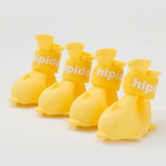 Yellow M size Waterproof Dog Rain Boots Set of 4 - Cartoon Dolphin Design Shape PVC Pet Shoes with Adjustable Hook and Loop Straps, Anti Slip Paw Protectors for Small Dogs and Puppy Outdoor Walks