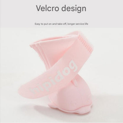 Yellow M size Waterproof Dog Rain Boots Set of 4 - Cartoon Dolphin Design Shape PVC Pet Shoes with Adjustable Hook and Loop Straps, Anti Slip Paw Protectors for Small Dogs and Puppy Outdoor Walks