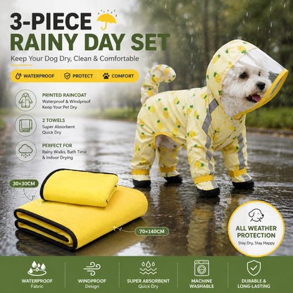3-piece Dog Rainy Day Care Set with  Yellow S size Waterproof Raincoat, 30x30cm Paw Towel and 70x140cm Pet Bath Towel, Quick-Dry Pet Rain Protection Kit for Small and Medium Dogs