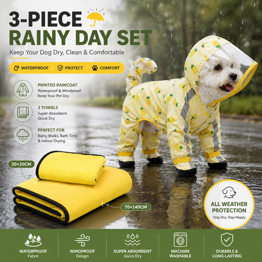 3-piece Dog Rainy Day Care Set with  Yellow L size Waterproof Raincoat, 30x30cm Paw Towel and 70x140cm Pet Bath Towel, Quick-Dry Pet Rain Protection Kit for Small and Medium Dogs