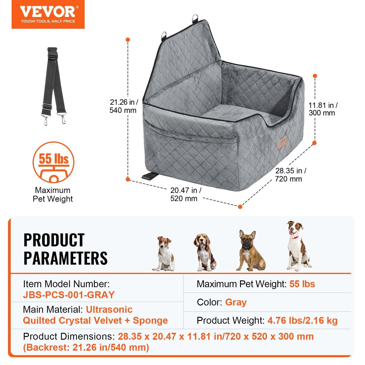 Dog Car Seat, Dog Booster Seat for Car with A Storage Pocket, Pet Car Seat with Clip-On Safety Leash, Sponge Filling, Dog Car Bed for Medium & Large Dog up to 24.9 kg, Gray