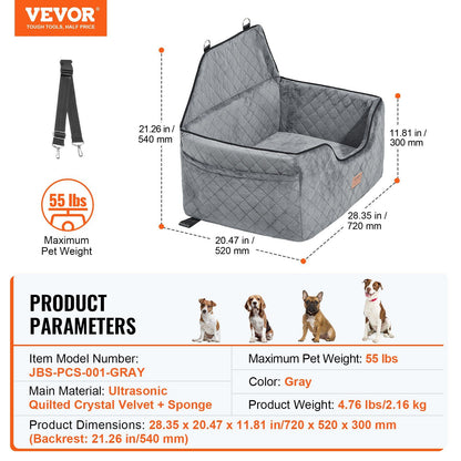 Dog Car Seat, Dog Booster Seat for Car with A Storage Pocket, Pet Car Seat with Clip-On Safety Leash, Sponge Filling, Dog Car Bed for Medium & Large Dog up to 24.9 kg, Gray