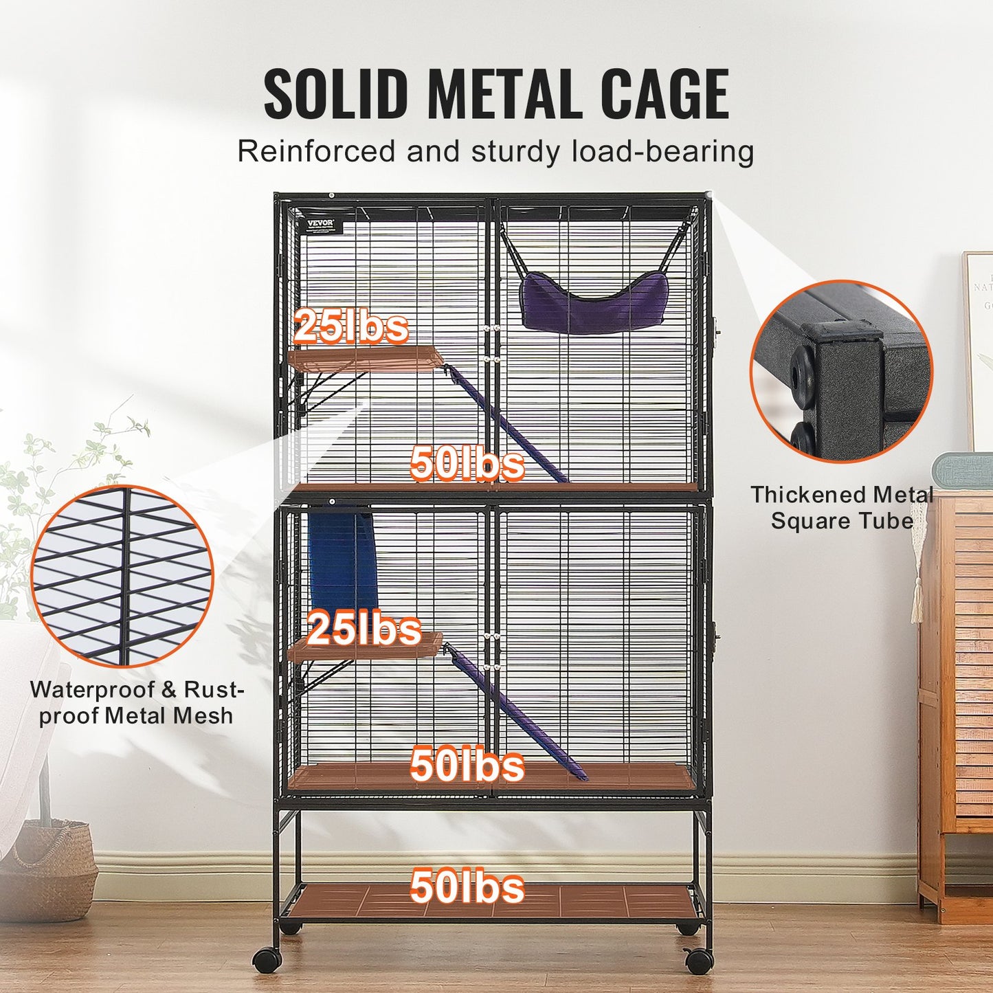 VEVOR 64.6" Metal Small Animal Cage 4-Tier Rolling Ferret Cage with Tray 3 Ramps