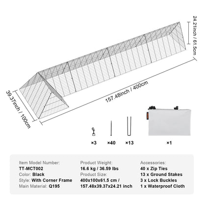 VEVOR Chicken Tunnels, 400x100x61.5 cm(LxWxH) Chicken Tunnels for Yard, Portable Chicken Tunnels for Outside with Corner Frames, Chicken Coop Run, Suitable for Chickens, Ducks, Rabbits